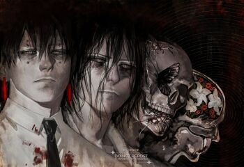 1boy black_butterfly black_hair black_necktie black_sclera blood blood_on_clothes bug butterfly centipede character_request collared_shirt colored_sclera dark_background errence flower grey_eyes hair_between_eyes highres horror_(theme) insect kagurabachi looking_at_viewer male_focus medium_hair messy_hair necktie progression red_flower serious shirt short_hair skull spider symbolism white_flower white_shirt