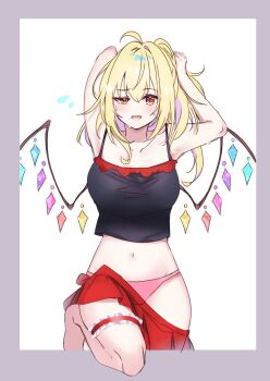 1girl black_tank_top blonde_hair border commentary_request flandre_scarlet grey_border hands_in_own_hair highres leg_up long_hair looking_at_viewer navel panties pink_panties ponytail rainbow_order red_eyes red_skirt sakuramiya_nya simple_background skirt solo tank_top thigh_strap touhou underwear white_background