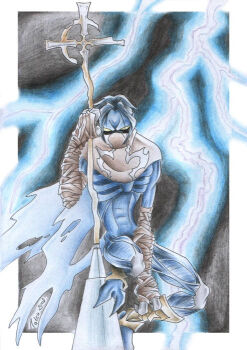 Rule 34 | 1boy, arm wrap, black background, black hair, blue skin, border, brown scarf, colored pencil (medium), colored skin, commentary, cross, emaciated, english commentary, exposed muscle, holding, holding staff, insect wings, legacy of kain, lightning, male focus, mask, mouth mask, parted bangs, raziel (legacy of kain), scarf, signature, staff, tatsu87, torn wings, traditional media, white border, wings, yellow eyes