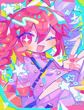 Rule 34 | 1girl, ;d, belt, black belt, blush, blush stickers, buttons, cowboy shot, drill hair, grey jacket, grey ribbon, grey skirt, hair between eyes, hair ribbon, hashtag-only commentary, highres, jacket, kasane teto, kasane teto (sv), long hair, long sleeves, medium hair, one eye closed, open mouth, pink eyes, pink hair, ribbon, single blush sticker, skirt, smile, solo, sparkle, sparkling eyes, star (symbol), sushiuma m, synthesizer v, twin drills, utau, very long hair