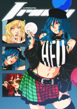 Rule 34 | 1girl, absurdres, adapted costume, artist name, bare shoulders, belt, black vest, blonde hair, blue background, blue hair, blue nails, clothes writing, commentary, crop top, gradient background, hair between eyes, hecatia lapislazuli, hecatia lapislazuli (earth), hecatia lapislazuli (moon), highres, medium hair, multicolored skirt, multiple expressions, navel, plaid clothes, plaid skirt, pointy ears, red eyes, red hair, red nails, skirt, touhou, ultragruntyy, vest, yellow nails, zipper
