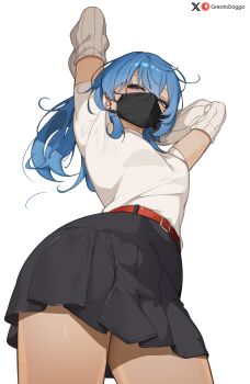 1girl alternate_costume arms_on_head arms_up belt black_skirt blue_eyes blue_hair double-parted_bangs greatodoggo hair_between_eyes highres hololive hoshimachi_suisei long_hair looking_at_viewer mask miniskirt mouth_mask pleated_skirt red_belt shirt shirt_tucked_in short_sleeves simple_background skirt solo standing surgical_mask thighs turtleneck virtual_youtuber white_arm_warmers white_background white_shirt