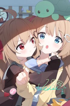 2girls :o :t ahoge aiee bad_source bag_of_chips blue_eyes blue_sailor_collar blush brown_cardigan brown_hair cardigan character_signature chips_(food) clock closed_mouth evil_neuro-sama food hair_ornament hair_ribbon heart heart_hair_ornament highres hug hug_from_behind indie_virtual_youtuber indoors lava_lamp long_hair long_sleeves looking_at_viewer multiple_girls neuro-sama open_cardigan open_clothes open_mouth pointing potato_chips pout puffy_long_sleeves puffy_sleeves red_eyes red_ribbon ribbon rubber_duck sailor_collar school_uniform second-party_source serafuku shirt siblings sisters skirt sleeves_past_wrists teeth turtle twins two_side_up upper_body upper_teeth_only v-shaped_eyebrows vedal987 vedal_ai virtual_youtuber wall_clock white_shirt yellow_cardigan