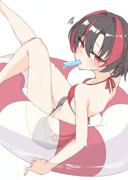 Rule 34 | 1girl, absurdres, alternate costume, bikini, black hair, blush, braid, breasts, commentary request, cutoffs, denim, denim shorts, dutch angle, eyes visible through hair, feet out of frame, food, food in mouth, from behind, furrowed brow, grey shorts, hair between eyes, halterneck, heaven burns red, highres, hot, looking at viewer, looking back, medium hair, melting popsicle, mikoto fubuki, multicolored hair, popsicle, popsicle in mouth, randayo sasaki, red bikini, red eyes, red streaks, short shorts, shorts, simple background, single braid, sitting, small breasts, solo, squiggle, streaked hair, sweat, swim ring, swimsuit, thighs, tsurime, white background