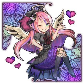 Rule 34 | 1girl, ahoge, angel, angel wings, black dress, black thighhighs, breasts, collared shirt, dress, duel monster, ghostrick angel of mischief, green eyes, grin, hand up, harness, hat, jewelry, kneehighs, large breasts, long hair, looking at viewer, mini hat, necklace, official art, pink hair, pointy ears, shirt, smile, socks, solo, teeth, thighhighs, very long hair, wings, yu-gi-oh!
