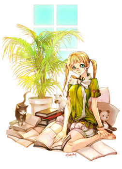 1girl arched_bangs archived_source baby_animal barefoot black_fur black_tail blonde_hair blue_eyes book bow bracelet breasts cat chkuyomi closed_eyes closed_mouth colorpoint_(pattern) full_body glasses green_jacket green_sleeves hair_tie hand_on_book hand_on_own_foot jacket jacket_bow jewelry kitten looking_at_viewer medium_breasts muntins nail_polish narrow_waist open_book original pillow plant potted_plant puffy_shorts rimless_eyewear round_eyewear short_sleeves shorts siamese_cat signature sitting skinny smile solo_focus stuffed_animal stuffed_toy teddy_bear toes too_many too_many_books tuxedo_cat twintails wariza white_bow white_fur white_nails white_shorts window_light wing_collar