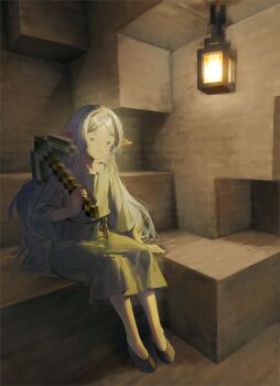 1girl =_= cave closed_eyes collarbone dress elf frieren grey_dress grey_hair highres holding holding_pickaxe lantern long_hair long_sleeves minecraft minecraft_pickaxe mining pickaxe pointy_ears quasarcake shoes sitting solo sousou_no_frieren white_dress white_hair