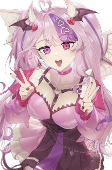 1girl :3 ahoge black_nails chain choker collarbone darkgreyclouds demon_horns demon_wings double_v earrings hair_ornament heart heart_ahoge heart_hair_ornament heart_o-ring heart_ring_choker heterochromia highres horns ironmouse ironmouse_(15th_costume) jacket jewelry long_hair long_sleeves looking_at_viewer multicolored_hair multicolored_nails multicolored_skirt o-ring o-ring_choker open_mouth pink_choker pink_eyes pink_hair pink_jacket pink_shirt pointy_ears purple_eyes purple_hair red_nails shirt skirt smile solo spiked_choker spikes streaked_hair teeth twintails upper_teeth_only v virtual_youtuber vshojo white_background white_horns wings