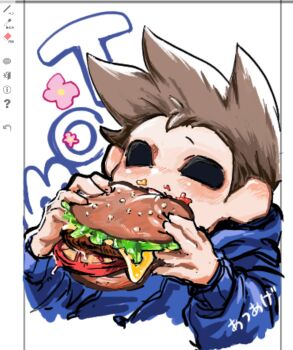 1boy art_program_in_frame blue_hoodie brown_hair burger character_name commentary eating eddsworld english_text food highres holding holding_burger holding_food hollow_eyes hood hood_down hoodie male_focus sans_725 short_hair simple_background solo spiked_hair symbol-only_commentary tom_(eddsworld) white_background