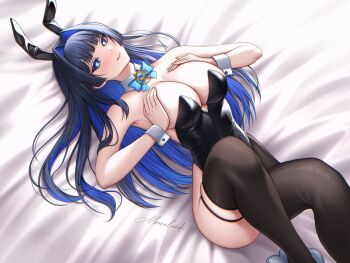 1girl :q animal_ear_hairband animal_ears asymmetrical_legwear bare_shoulders black_hair black_leotard black_thighhighs blue_eyes blue_hair blush bow bowtie breasts breasts_squeezed_together cleavage covered_navel detached_collar fake_animal_ears fanged_bangs hair_intakes hairband heart heart-shaped_gem heart-shaped_pupils highleg highleg_leotard highres hololive hololive_english hololive_indonesia large_breasts leotard licking_lips long_hair looking_at_viewer mismatched_legwear moovalandi multicolored_hair naughty_face ouro_kronii pantyhose playboy_bunny rabbit_ear_hairband rabbit_ears simple_background single_leg_pantyhose single_thighhigh skindentation smile solo solo_focus strapless strapless_leotard symbol-shaped_pupils thigh_strap thighhighs thighs tongue tongue_out uneven_legwear virtual_youtuber white_wrist_cuffs wrist_cuffs