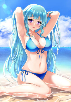 1girl akirappy armpits arms_behind_back arms_up bare_arms bare_legs beach bikini blue_bikini blue_hair blunt_bangs breasts day foot_out_of_frame hair_lift halterneck hands_in_own_hair large_breasts lens_flare light_blush long_hair looking_at_viewer monster_strike navel ocean open_mouth outdoors purple_eyes raphael_(monster_strike) shallow_water side-tie_bikini_bottom sitting smile solo swimsuit very_long_hair wariza water