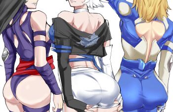 1340smile 3girls absurdres ass back black_hair blue_bodysuit bodysuit breasts choker elbow_gloves fantastic_four female_focus gloves highleg highleg_leotard highres large_breasts leotard looking_at_viewer luna_snow marvel marvel_rivals multicolored_bodysuit multiple_girls psylocke psylocke_(marvel_rivals) psylocke_(vengeance) purple_eyes purple_leotard sash short_hair shorts smile sue_storm superhero_costume two-tone_bodysuit waist_sash x-men