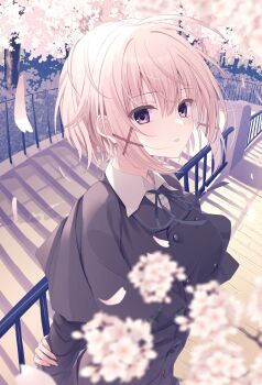1girl absurdres arms_behind_back black_capelet black_jacket black_ribbon capelet cherry_blossoms commentary_request fence hair_ornament hand_on_own_arm highres iron_fence jacket kimuratamashi light_smile looking_at_viewer natsume_shizuku neck_ribbon outdoors parted_lips purple_eyes ribbon sakura_no_uta school_uniform short_hair sidelocks solo wind x_hair_ornament