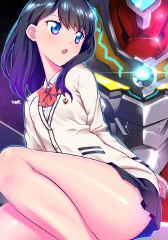 Rule 34 | 1boy, 1girl, ass, black hair, black skirt, blue eyes, blush, bow, bowtie, breasts, cardigan, gridman (character), gridman (ssss), gridman universe, highres, himehachi (hime8manga), long hair, long sleeves, looking at viewer, mecha, open mouth, pleated skirt, red bow, robot, school uniform, scrunchie, shirt, skirt, ssss.gridman, takarada rikka, thighs, wrist scrunchie, yellow eyes