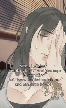 2girls aerith_gainsborough bangle black_bra black_hair blush boots bra bracelet braid braided_ponytail breasts brown_boots center_opening chibi chibi_inset cleavage clerithfication closed_eyes derivative_work dress english_text final_fantasy final_fantasy_vii final_fantasy_vii_remake green_eyes hair_ribbon hand_on_own_face highres jacket jewelry large_breasts multiple_girls open_mouth parted_bangs photo_background pink_dress pink_ribbon red_jacket ribbon shirt short_sleeves sidelocks single_braid sleeveless sleeveless_shirt smile sports_bra sweatdrop tifa_lockhart underwear upper_body white_shirt yuri