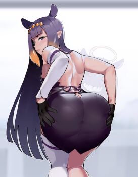 1girl adapted_costume ass ass_focus backless_dress backless_outfit bent_over black_gloves black_hair blue_eyes blunt_bangs breasts butt_crack close-up closed_mouth detached_sleeves dress from_behind gloves highres hololive hololive_english huge_ass long_hair looking_at_viewer looking_back multicolored_hair ninomae_ina&#039;nis ninomae_ina&#039;nis_(1st_costume) nyantcha orange_hair pantylines pointy_ears purple_eyes purple_hair sidelocks single_detached_sleeve single_thighhigh small_breasts smile solo takodachi_(ninomae_ina&#039;nis) tentacle_hair thighhighs thighs very_long_hair virtual_youtuber