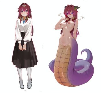 1girl :c absurdres arm_behind_back arm_up before_and_after black_sclera black_skirt breasts brooch cleft_of_venus collared_shirt colored_sclera completely_nude dress frown hair_rings heavy_breathing highres horns jewelry lamia large_breasts long_hair medium_breasts midriff monster_girl navel nipples nude original purple_scales pussy red_hair shirt skirt slit_pupils smile snake_tail socks solo tail transformation white_background white_footwear xibuxibutittye yellow_scales