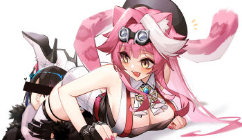 2girls :3 :d absurdres adarin animal_ear_fluff animal_ears ascot beret black_gloves black_hair black_hat black_jacket black_tube_top blue_hair boots breasts brooch center-flap_bangs cleavage colored_inner_hair commentary english_commentary fangs feather-trimmed_jacket gloves goggles hair_intakes hat high-waist_shorts high_heel_boots high_heels highres holding_another&#039;s_thighs hololive hololive_english horns jacket jewelry large_breasts legs_up long_hair looking_at_another looking_back lying multicolored_hair multiple_girls nerissa_ravencroft nerissa_ravencroft_(1st_costume) o3o on_stomach open_mouth panther_ears panther_girl panther_tail partially_fingerless_gloves pink_hair pink_nails raora_panthera raora_panthera_(1st_costume) shoe_soles shorts sidelocks simple_background single_glove single_horn smile strapless streaked_hair tail the_pose thigh_boots thigh_strap tube_top vest virtual_youtuber white_ascot white_background white_hair white_shorts white_vest yellow_eyes yuri