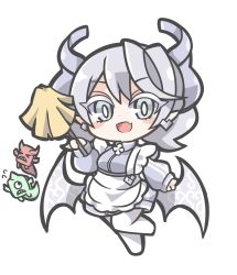 Rule 34 | 1girl, apron, blush stickers, chibi, commentary request, demon girl, demon horns, demon wings, drill hair, duel monster, earrings, fang, full body, green duston, grey eyes, grey hair, highres, holding, horns, jewelry, looking at viewer, lovely labrynth of the silver castle, low wings, maid, medium hair, oquri, pointy ears, red duston, simple background, skin fang, twin drills, white background, wings, yu-gi-oh!
