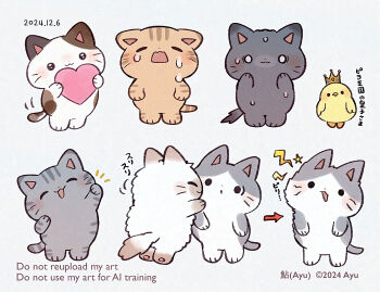 :3 :d animal_focus artist_name ayu_(mog) baby_animal bird black_cat blush_stickers cat chick closed_eyes closed_mouth commentary_request crying dated grey_cat heart highres holding holding_heart no_humans o_o open_mouth orange_cat original simple_background smile solid_circle_eyes tears translation_request watermark whiskers white_background