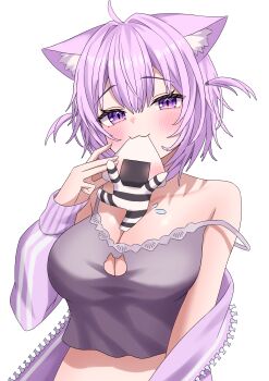 1girl :3 absurdres animal_ear_fluff animal_ears blush breasts cat_cutout cat_ears cat_girl clothing_cutout crop_top grey_tank_top hair_between_eyes highres hololive jacket kumoru_(kumoru_145) large_breasts long_hair medium_hair midriff mouth_hold nekomata_okayu onigirya_(nekomata_okayu) purple_eyes purple_hair purple_jacket smile solo sweater_jacket tank_top virtual_youtuber white_background
