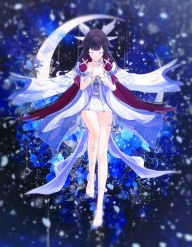1girl absurdres barefoot black_hair blue_flower choker closed_eyes closed_mouth collarbone columbina_(genshin_impact) commentary_request dress feathered_wings flower full_body genshin_impact gradient_hair hair_ribbon hands_on_own_chest head_wings highres invisible_shoes kurogoma_(meganegurasan) long_hair mikumikudance mikumikudance_(medium) moon multicolored_hair multiple_wings pink_hair ribbon sidelocks smile solo toes very_long_hair white_choker white_dress white_flower white_ribbon wings wrist_ribbon