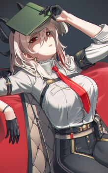 1girl absurdres arm_pouch armband bags_under_eyes black_armband black_gloves black_horns black_jacket black_pants book breasts button_gap chest_harness closed_mouth collared_shirt commentary curled_horns earrings gloves grey_hair hair_between_eyes harness high-waist_pants highres holding holding_book horns jacket jacket_on_shoulders jewelry key_earrings large_breasts long_hair looking_at_viewer mole mole_under_eye necktie pants pouch red_eyes red_necktie shade shirt shirt_tucked_in sitting snowater solo white_shirt wuthering_waves zani_(wuthering_waves)