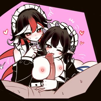 1boy 2girls absurdres alternate_costume black_choker black_hair black_sleeves blush breasts choker commentary_request cone_horns cooperative_paizuri detached_sleeves enmaided fellatio ffm_threesome group_sex handjob heart hetero highres horns houjuu_nue kijin_seija large_breasts licking licking_penis long_sleeves looking_at_viewer maid maid_headdress multicolored_hair multiple_girls nipples one_eye_closed open_mouth oral paizuri penis pink_background pointy_ears red_eyes red_hair shen_bi_ren_(user_rjgy2824) short_hair small_horns smile streaked_hair teamwork_(sexual) threesome touhou uncensored upper_body white_hair white_horns