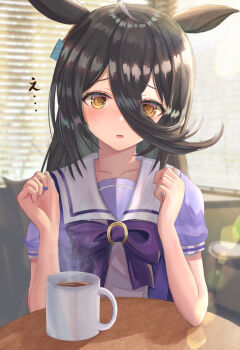 Rule 34 | 1girl, ahoge, animal ears, black hair, blush, bow, bowtie, breasts, coffee, coffee mug, collarbone, commentary request, cup, ear tag, earrings, hair between eyes, highres, horse ears, horse girl, jewelry, long bangs, long hair, long hair between eyes, manhattan cafe (umamusume), mug, multicolored hair, parted lips, puffy short sleeves, puffy sleeves, purple bow, purple bowtie, purple shirt, sailor collar, sailor shirt, school uniform, shirt, short sleeves, single earring, small breasts, solo, steaming cup, sweatdrop, table, thurumu, tracen school uniform, umamusume, upper body, very long hair, white hair, white sailor collar, yellow eyes