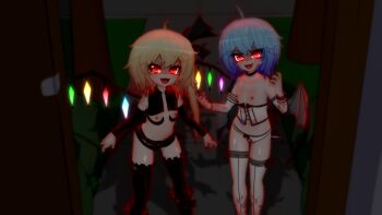 2girls 3d blonde_hair blue_hair female_focus fingernails flandre_scarlet flat_chest grass gs-mantis hair_ornament halloween highres lingerie loli looking_at_viewer midriff multiple_girls navel nipples open_mouth panties plant remilia_scarlet shadow shiny_skin siblings sidewalk sisters standing team_shanghai_alice touhou underwear vampire wings