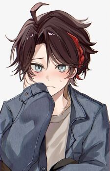 Rule 34 | 1boy, ahoge, alternate costume, blue eyes, blue jacket, blush, braid, brown hair, closed mouth, denim, denim jacket, hand on own face, jacket, long sleeves, male focus, multicolored hair, nijisanji, saegusa akina, short hair, side braid, simple background, sinoda1440, sleeves past wrists, solo, streaked hair, upper body, virtual youtuber, white background