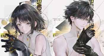 1boy 1girl absurdres arknights arknights:_endfield at_wang bare_shoulders black_gloves black_hair blue_eyes chinese_commentary closed_mouth commentary_request copyright_name diamond-shaped_pupils diamond_(shape) earrings endministrator_(arknights) english_text expressionless female_endministrator_(arknights) glasses gloves highres jewelry light_smile looking_at_viewer male_endministrator_(arknights) no_jacket no_mask shirt short_hair single_earring symbol-shaped_pupils upper_body white_shirt zipper