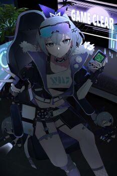 1girl absurdres black_boots black_gloves black_jacket black_shorts black_sports_bra boots breasts chair character_doll closed_mouth commentary_request crop_top cropped_jacket crossed_bangs desk doll eyewear_on_head fingerless_gloves fishnet_socks fishnets fur-trimmed_jacket fur_trim gaming_chair gloves goggles goggles_on_head gradient-tinted_eyewear grey_eyes grey_hair hair_between_eyes handheld_game_console highres holding holding_handheld_game_console honkai:_star_rail honkai_(series) jacket lollipop_in_mouth long_hair looking_at_viewer midriff monitor nasunasunasuna navel on_chair ponytail purple-tinted_eyewear shirt short_shorts shorts silver_wolf_(honkai:_star_rail) sitting small_breasts socks solo sports_bra swivel_chair thigh_strap tinted_eyewear v white_shirt zipper_pull_tab