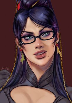 1girl absurdres bayonetta bayonetta_(series) bayonetta_1 black-framed_eyewear black_hair blue_eyes bodysuit breasts earrings eyeshadow glasses highres jewelry lips long_hair makeup miruki09 mole mole_under_mouth portrait purple_eyeshadow simple_background solo