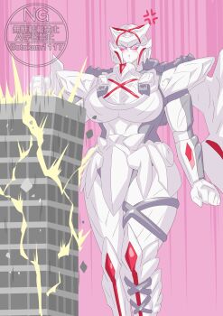 Rule 34 | 1girl, absurdres, blush, breasts, city, colored skin, crushing, giant, giantess, highres, mechanical wings, no.1 sentai gozyuger, otokamu, pink background, pout, queen tegajune, robot, super sentai, tegajune, tokusatsu, white skin, wings