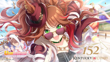 Rule 34 | 4girls, absurdres, animal ears, black shirt, blue hair, blue sky, bracelet, breasts, brown hair, chain necktie, choker, cleavage, commentary, ears through headwear, english commentary, fang, fedora, forever young (racing) (umamusume), forever young (umamusume), gold bracelet, green choker, green eyes, hat, highres, horse ears, horse girl, horse racing track, jacket, jewelry, kentucky derby, long hair, looking at viewer, medium breasts, multicolored hair, multiple girls, multiple rings, necktie, official art, open mouth, outdoors, promotional art, purple-tinted eyewear, red-tinted eyewear, red jacket, red streaks, ring, running, second-party source, shirt, sky, smile, solo focus, streaked hair, sunglasses, teeth, tinted eyewear, umamusume, upper teeth only, white necktie, white streaks