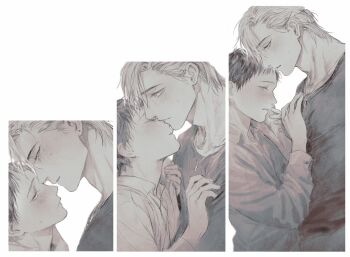 2boys black_hair black_shirt blonde_hair blush chinatsu_(kimi_no_yoru_ni_fureru) closed_eyes collared_shirt hair_slicked_back hand_on_another's_chest highres implied_kiss jewelry kasumi_(kimi_no_yoru_ni_fureru) kimi_no_yoru_ni_fureru limited_palette looking_at_another male_focus mame_(mmgamegg) monochrome multiple_boys necklace shirt short_hair t-shirt white_shirt yaoi