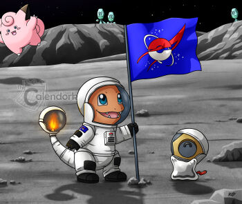 Rule 34 | aqua eyes, artist name, black gloves, charmander, clefairy, closed eyes, clothed pokemon, commentary, elgyem, english commentary, fang, fangs, fire, flag, flame-tipped tail, gen 1 pokemon, gen 5 pokemon, gen 7 pokemon, gloves, helmet, highres, holding, holding flag, meltan, mythical pokemon, nintendo, no humans, on moon, one-eyed, open mouth, poke ball symbol, pokemon, pokemon (creature), pokemon focus, smile, space, space helmet, spacesuit, star (sky), tail, thecalendork, watermark