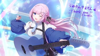 1girl absurdres aropotto bare_shoulders black_skirt blue_eyes blue_jacket blue_nails bow collared_shirt commentary_request commission grey_bow guitar hair_bow hair_ornament highres indie_virtual_youtuber instrument jacket long_hair long_sleeves looking_at_viewer off_shoulder one_eye_closed open_clothes open_jacket open_mouth pink_hair plaid_bow second-party_source shirt skirt sleeveless sleeveless_shirt smile solo tansansui_(vtuber) upper_body virtual_youtuber white_shirt