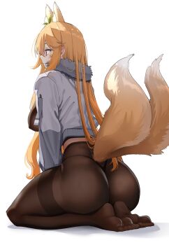 Rule 34 | 1girl, absurdres, animal ears, ass, black panties, blonde hair, brown pantyhose, commentary, commission, english commentary, fox ears, fox girl, fox tail, full body, fur-trimmed jacket, fur trim, goback, grey jacket, hair between eyes, highres, jacket, kitsune, long hair, no pants, no shoes, original, panties, panties under pantyhose, pantyhose, red eyes, seiza, shadow, simple background, sitting, soles, solo, tail, thighband pantyhose, thong, underwear, very long hair, white background
