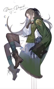 Rule 34 | 1girl, absurdres, argyle clothes, argyle socks, asymmetrical gloves, boots, brown hair, character name, chinese commentary, coat, coat on shoulders, commentary request, copyright name, dated, drag-on dragoon, drag-on dragoon 3, facial mark, forehead mark, four (drag-on dragoon), from side, full body, fur-trimmed coat, fur trim, gloves, green socks, hands on own chest, highres, invisible chair, lace-up boots, long hair, long sleeves, meru02295238, moon phases, pantyhose, parted bangs, roman numeral, sitting, smile, socks, socks over pantyhose, solo, two side up, uneven gloves, white background