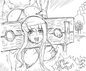 1girl 6+boys ahegao bad_id bb_(baalbuddy) bouncing_breasts breasts crying crying_with_eyes_open doggystyle elf facing_viewer gainaxing greyscale hanging_breasts head_out_of_frame hetero inactive_account lactation long_hair medium_breasts monochrome motion_lines multiple_boys nipples panties people pillory pointy_ears public_use queue restrained sex sex_from_behind sketch speech_bubble stationary_restraints tears tiffania_westwood tongue tongue_out unaligned_breasts underwear zero_no_tsukaima