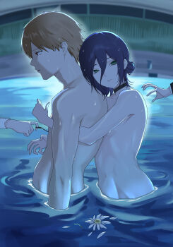 1boy 1girl 2others absurdres black_choker blue_hair brown_hair chainsaw_man choker closed_mouth denji_(chainsaw_man) flower green_eyes hair_between_eyes hair_bun highres hug hug_from_behind miromiro_(pzkx7347) multiple_others nude pool pull_cord reze_(chainsaw_man) short_hair wading wet white_flower