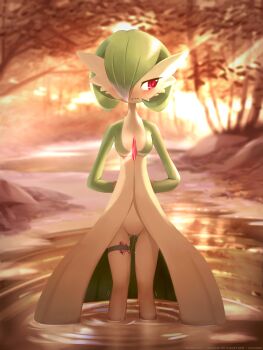 Rule 34 | 1girl, absurdres, ancesra, arms behind back, artist name, averting eyes, bdsm, blurry, blurry background, blush, bob cut, bondage, bound, bound wrists, breasts, closed mouth, colored skin, controller, embarrassed, english text, female focus, forest, gardevoir, gen 3 pokemon, gluteal fold, green skin, hair over one eye, half-closed eyes, highres, light rays, looking to the side, multicolored skin, nature, nintendo, nose blush, object insertion, outdoors, partially submerged, patreon username, pokemon, pokemon (creature), pussy, pussy juice, red eyes, remote control, remote control vibrator, ripples, rope, sex toy, short hair, skindentation, small breasts, solo, standing, straight-on, stream, sunlight, sunset, thigh strap, tree, two-tone skin, uncensored, vaginal, vaginal object insertion, vibrator, vibrator cord, wading, water, watermark, wavy mouth, white skin