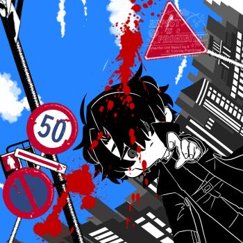 1boy black_coat black_eyes black_hair black_shirt blood blood_splatter cloud cloudy_sky coat commentary day double-parted_bangs dutch_angle english_commentary hair_between_eyes hair_over_one_eye hand_up highres kagerou_days_(vocaloid) kimidori_22 male_focus omniscient_reader&#039;s_viewpoint open_clothes open_coat pedestrian_lights pointing pointing_at_viewer popped_collar road_sign shirt short_hair sign sky skyline solo yoo_joonghyuk