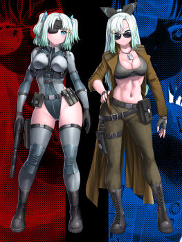 1girl adapted_costume alternate_costume alternate_hairstyle arm_at_side arms_at_sides bandana belt belt_pouch black_boots black_border black_gloves blue_background blue_eyes bodysuit boots border bow breasts brown_coat brown_pants cleavage closed_mouth coat collarbone collared_bodysuit combat_boots commentary contrapposto cosplay crop_top curvy dog_tags dual_persona english_commentary eyepatch fingerless_gloves fingernails full_body gloves gluteal_fold gradient_hair green_bodysuit green_hair green_leotard green_tank_top green_thighhighs grey_bodysuit grey_leotard groin gun hair_bow hair_ornament hand_on_own_hip handgun headband highres holding holding_gun holding_weapon indie_virtual_youtuber jewelry lace-up_boots legs leotard linea_alba liquid_snake liquid_snake_(cosplay) long_coat long_hair long_legs long_sleeves looking_at_viewer medium_breasts medium_hair metal_gear_(series) metal_gear_solid mint_fantome mint_fantome_(minto_2.0) multicolored_bodysuit multicolored_hair multicolored_leotard navel necklace open_clothes open_coat pants parted_bangs polar_opposites pouch red_background skin_tight sneaking_suit solid_snake solid_snake_(cosplay) split_screen split_theme standing stomach straight-on substance20 sunglasses suppressor swept_bangs symmetrical_pose symmetry tank_top thigh_belt thigh_pouch thigh_strap thighhighs thighs two-tone_bodysuit two-tone_leotard two_side_up virtual_youtuber weapon white_hair x_hair_ornament zoom_layer