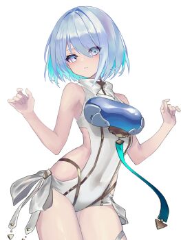 1girl absurdres blue_eyes blue_hair breasts clothing_cutout commentary covered_navel dreizehn_(shadowverse) hair_between_eyes highres leotard looking_at_viewer ritaiya shadowverse shadowverse:_worlds_beyond short_hair side-tie_leotard side_cutout simple_background solo white_background white_leotard