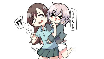 !? &gt;_&lt; 1boy 1girl :&gt; anastasia_(idolmaster) barefoot black_shirt blue_shirt blush_stickers brown_eyes brown_hair chibi closed_eyes collared_shirt cosplay crossdressing crossdressing_(mtf) grey_jacket grey_shirt hair_between_eyes highres hug hug_from_behind idolmaster idolmaster_cinderella_girls jacket kawamochi_(kawauti919) long_hair long_sleeves nitta_minami nitta_minami_(cosplay) open_clothes open_jacket open_mouth pleated_skirt polo_shirt shirt short_sleeves shorts simple_background skirt sleeves_past_wrists smile spoken_interrobang standing standing_on_one_leg translation_request triangle_mouth very_long_hair wavy_mouth white_background white_shorts wide-eyed