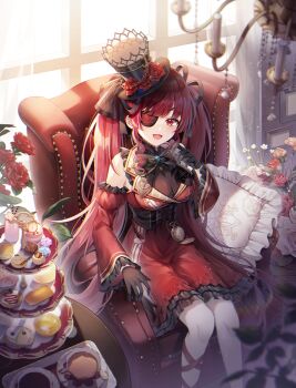 1girl :d alternate_hair_length_(longer) arm_rest black_bow black_gloves black_ribbon blurry blurry_foreground bodysuit bow breasts chandelier cleavage commentary corset cup curtains day detached_sleeves dress eyepatch feet_out_of_frame flower food frilled_dress frilled_pillow frilled_sleeves frills gloves gothic_lolita hair_ribbon hand_up hat hat_flower hayun highres hololive houshou_marine houshou_marine_(gothic_lolita) indoors large_breasts light_particles lolita_fashion long_hair long_sleeves looking_at_viewer macaron official_alternate_costume official_alternate_hairstyle open_mouth pantyhose pillow pocket_watch red_dress red_eyes red_flower red_hair red_rose revision ribbon rose saucer see-through_cleavage see-through_clothes sitting smile solo sweets table teacup tiered_tray top_hat twintails very_long_hair virtual_youtuber watch white_flower white_pantyhose wide_sleeves