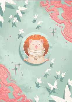 Rule 34 | animal, animal ear piercing, animal focus, animalization, aqua background, bandaged neck, bandages, brown eyes, bug, butterfly, chinstrap, colored smoke, earrings, facial mark, ferret, forehead mark, gem, hat, highres, huadian, insect, jewelry, no humans, open mouth, pastel colors, red gemstone, rice hat, single earring, smile, smoke, sparkle, tianguan cifu, verbartt, white butterfly, white fur, xie lian